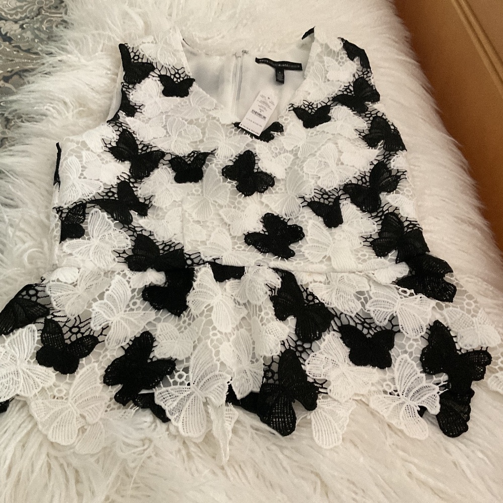 White House Black Market Black and White Floral Lace Peplum Top